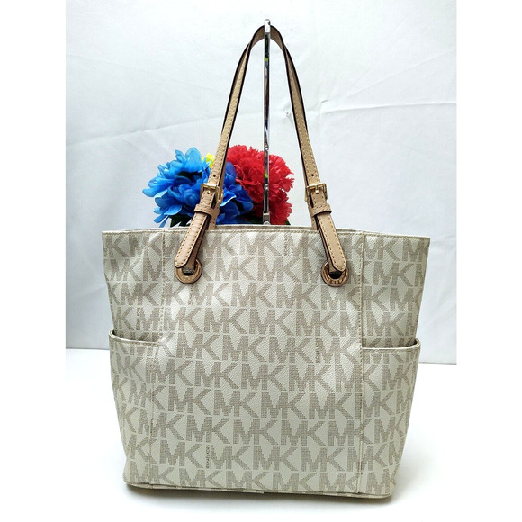 Michael Kors Jet Set Gray Crossgrain Leather MK Printed Pocket Tote Shoulder Bag - Picture 2 of 16